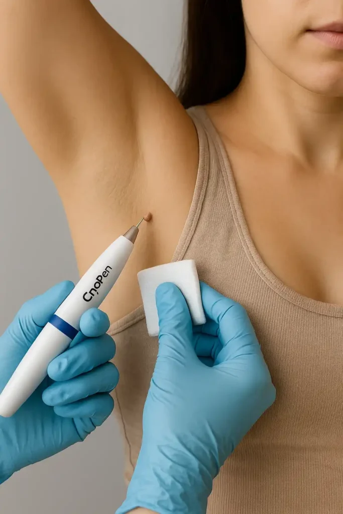 woman having cryopen to remove underarm skin tags Wiltshire