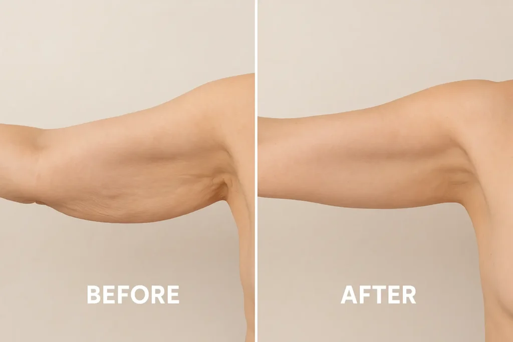 Picture of LA LIPO Wiltshire before and after results of skin tightening treatment on the upper arms.