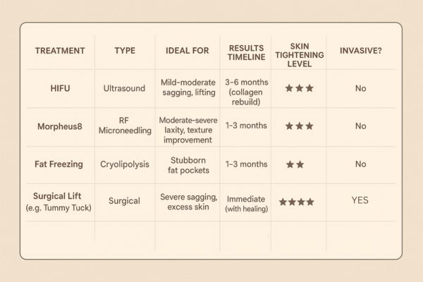 Table showing the comparisons of Skin tightening Wiltshire treatment options.